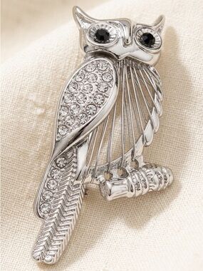 Vintage Silver-Tone Rhinestone Owl on Branch Statement Brooch